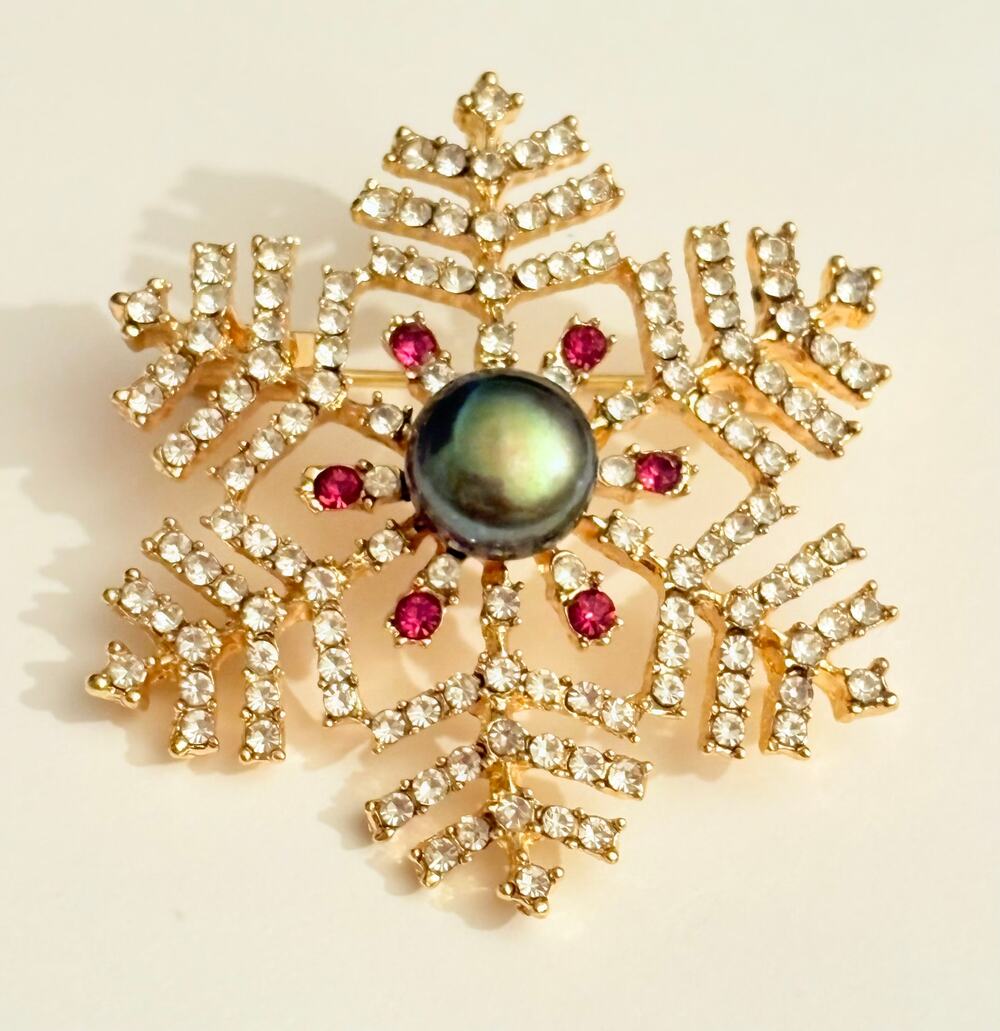 Vintage Snowflake Faux Pearl Rhinestone Christmas Brooch